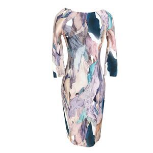 H&M Watercolor Midi Length Pencil Office Career Abstract Colorful‎ Dress Size 8